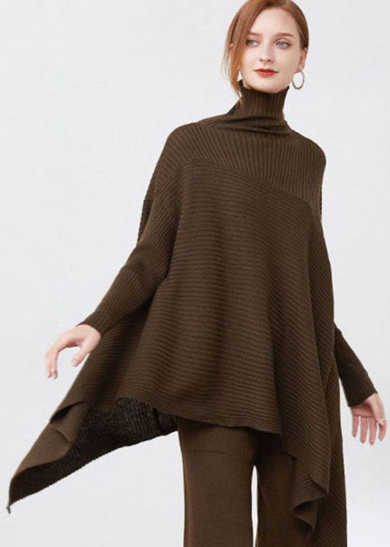 Fransk Choklad Turtle Neck Patchwork Randig Ull Stickade Toppar Långärmad - Kaffe