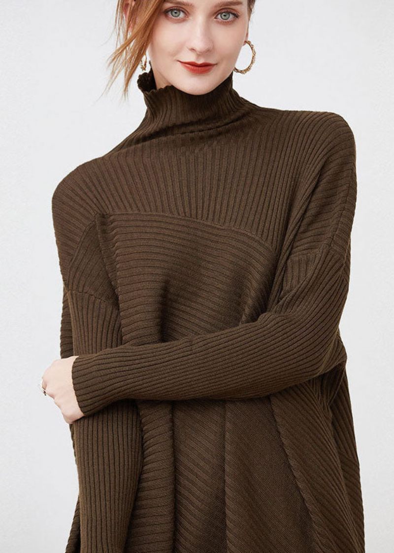 Fransk Choklad Turtle Neck Patchwork Randig Ull Stickade Toppar Långärmad - Kaffe