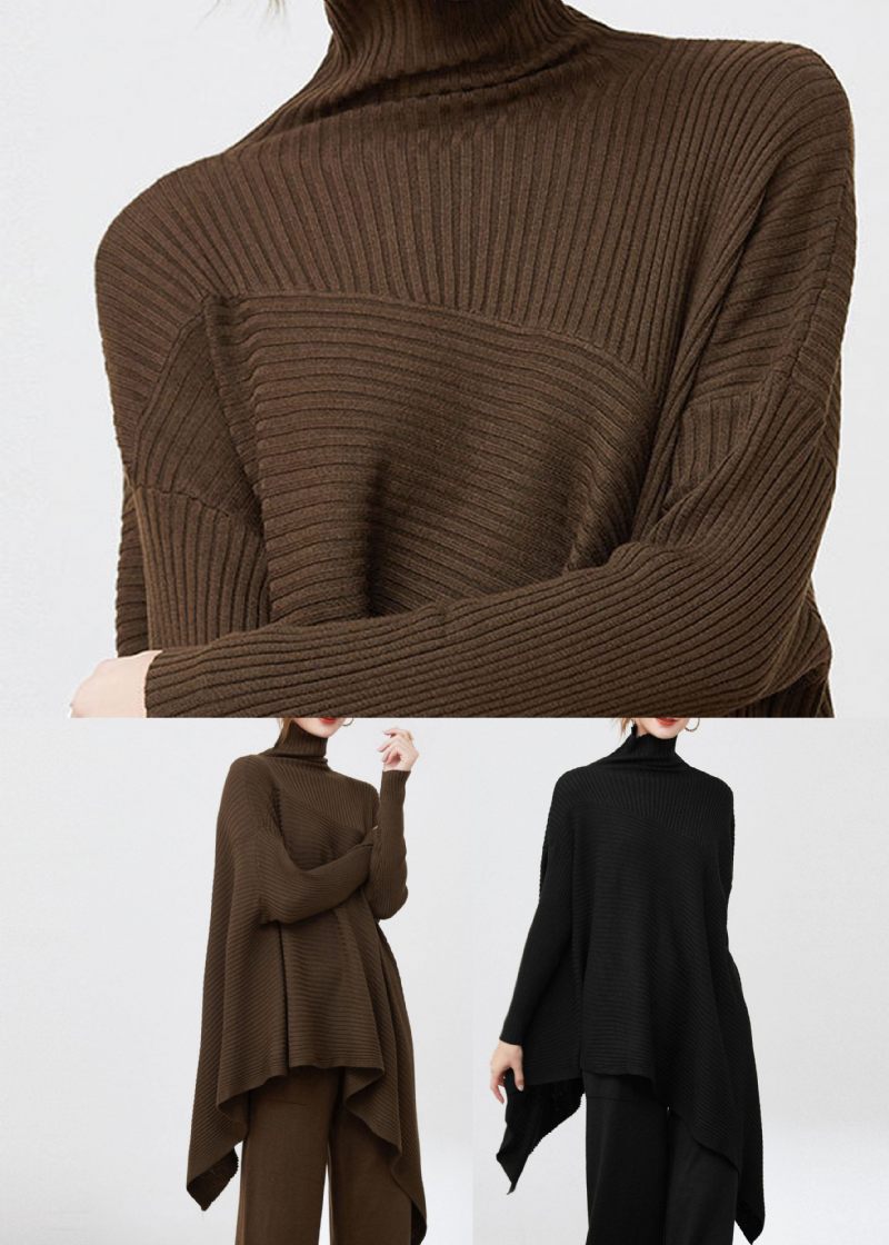 Fransk Choklad Turtle Neck Patchwork Randig Ull Stickade Toppar Långärmad - Kaffe