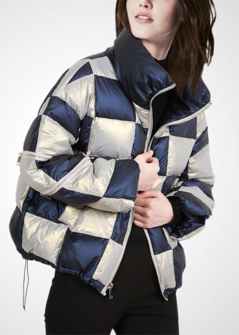 Fransk Colorblock Stativ Krage Zip Up Dragsko Pläd Duck Down Puffer Jacka Vinter