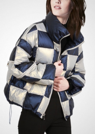 Fransk Colorblock Stativ Krage Zip Up Dragsko Pläd Duck Down Puffer Jacka Vinter