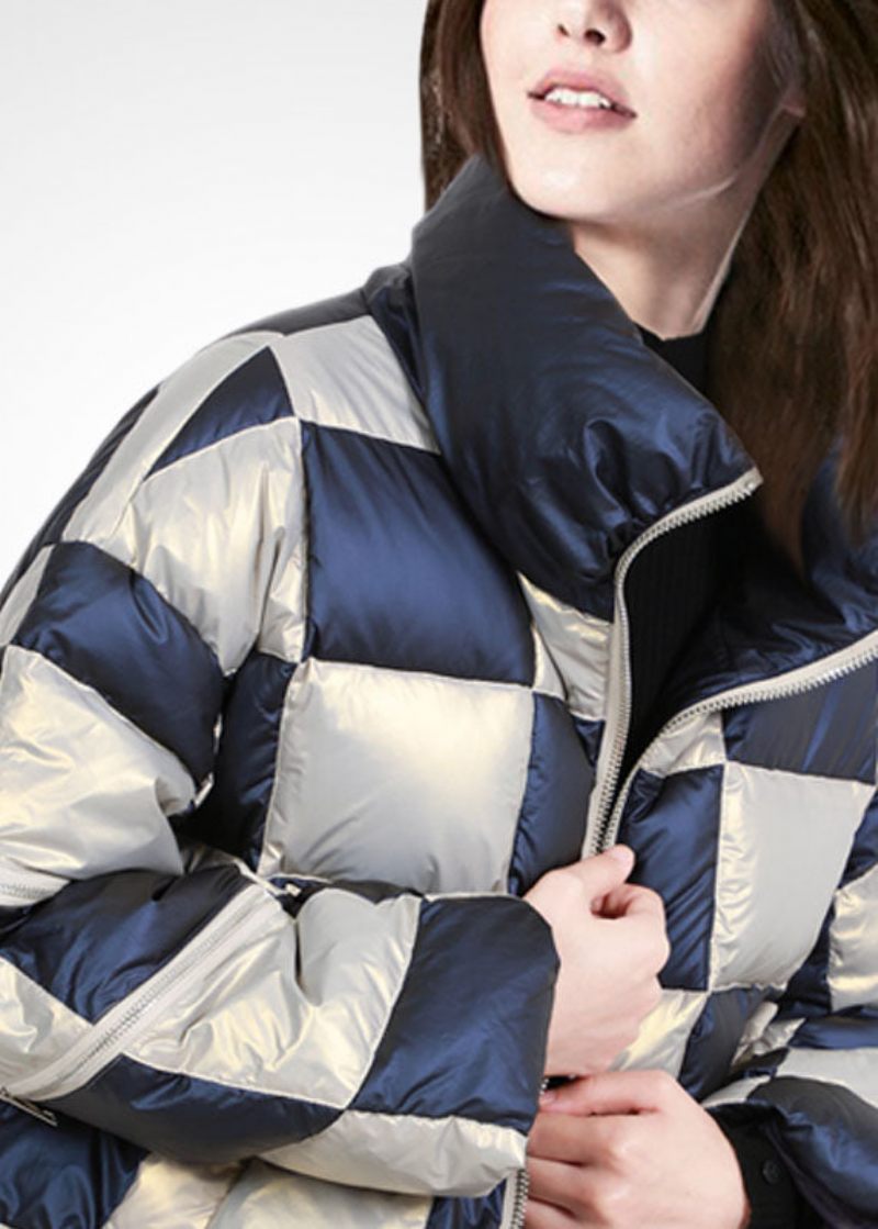 Fransk Colorblock Stativ Krage Zip Up Dragsko Pläd Duck Down Puffer Jacka Vinter - Dunjackor för kvinnor