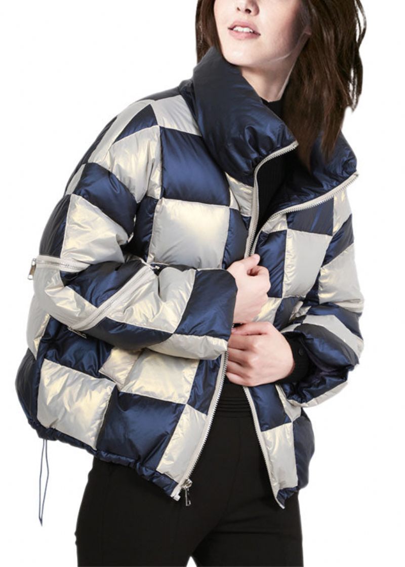 Fransk Colorblock Stativ Krage Zip Up Dragsko Pläd Duck Down Puffer Jacka Vinter - Dunjackor för kvinnor