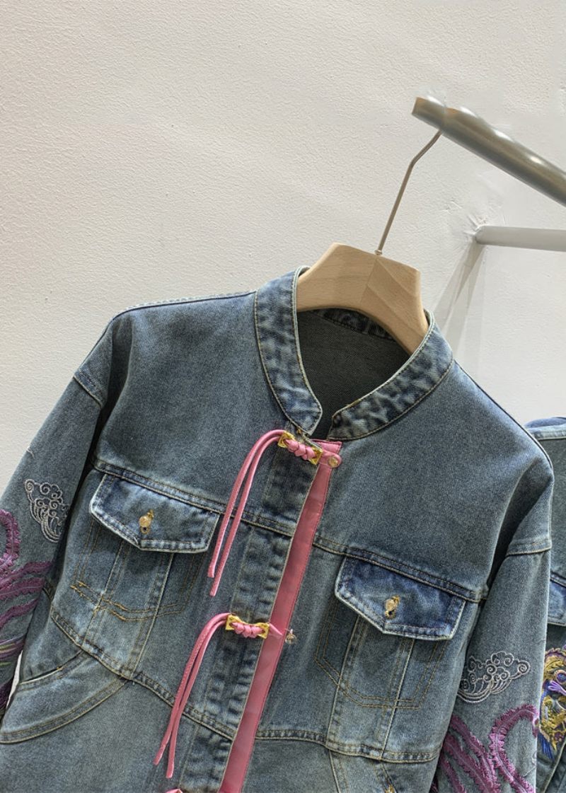 Fransk Denim Blå Broderad Knapp Långärmad - Vinterkappor för kvinnor