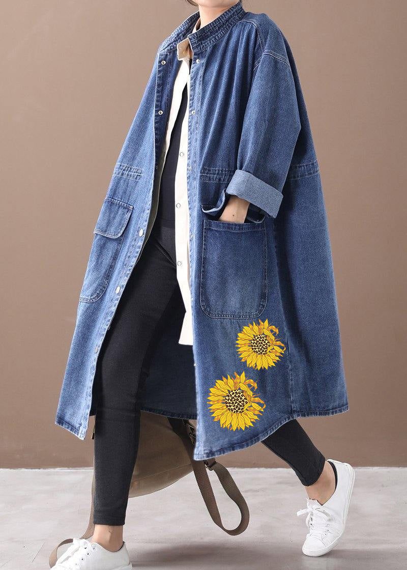 Fransk Denim Blå-solros Plus Size Box Coat Shape Stativ Krage Dragsko