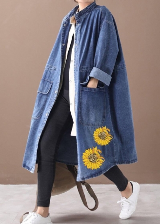 Fransk Denim Blå-solros Plus Size Box Coat Shape Stativ Krage Dragsko