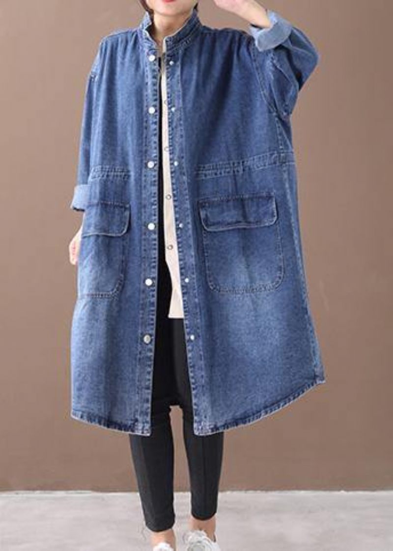 Fransk Denim Blå-solros Plus Size Box Coat Shape Stativ Krage Dragsko - Blå-Solros