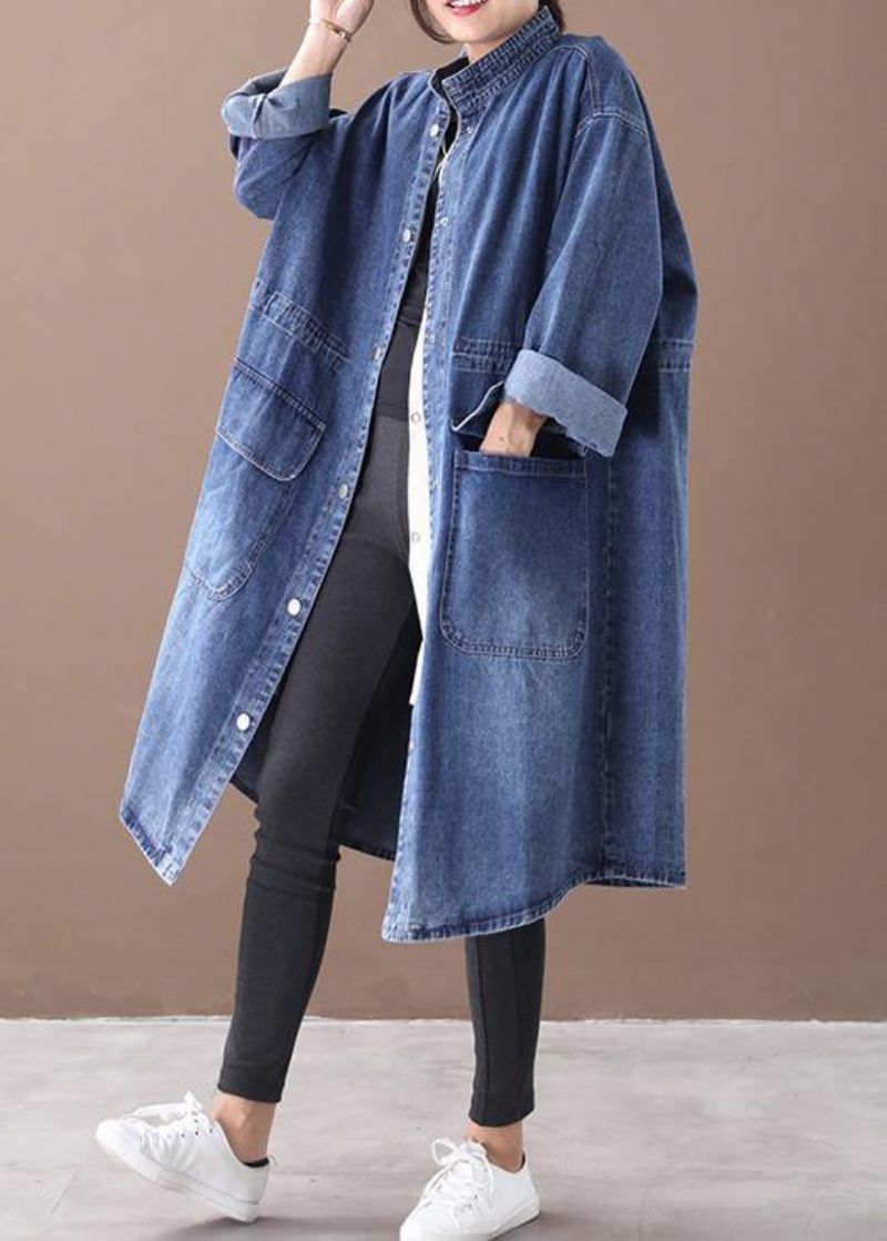 Fransk Denim Blå-solros Plus Size Box Coat Shape Stativ Krage Dragsko - Blå-Solros