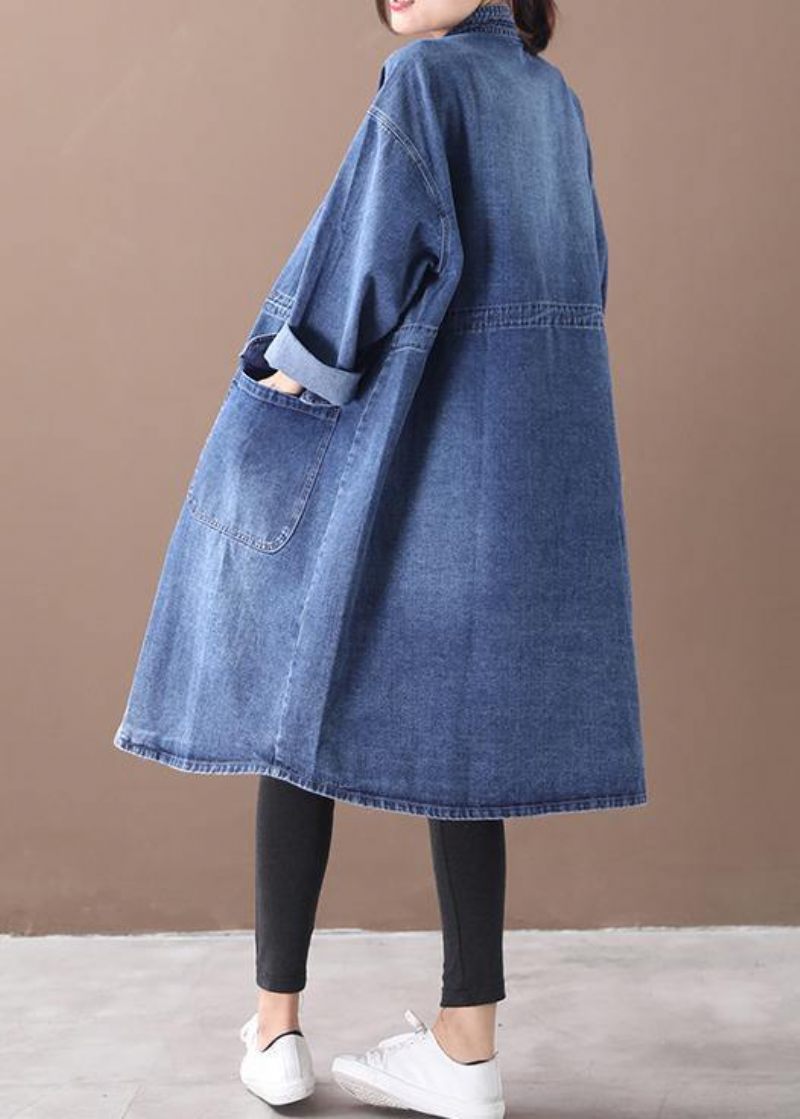 Fransk Denim Blå-solros Plus Size Box Coat Shape Stativ Krage Dragsko - Blå-Solros