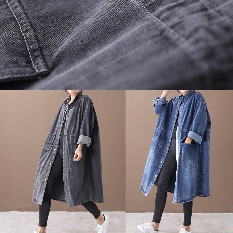 Fransk Denim Blå-solros Plus Size Box Coat Shape Stativ Krage Dragsko - Blå-Solros