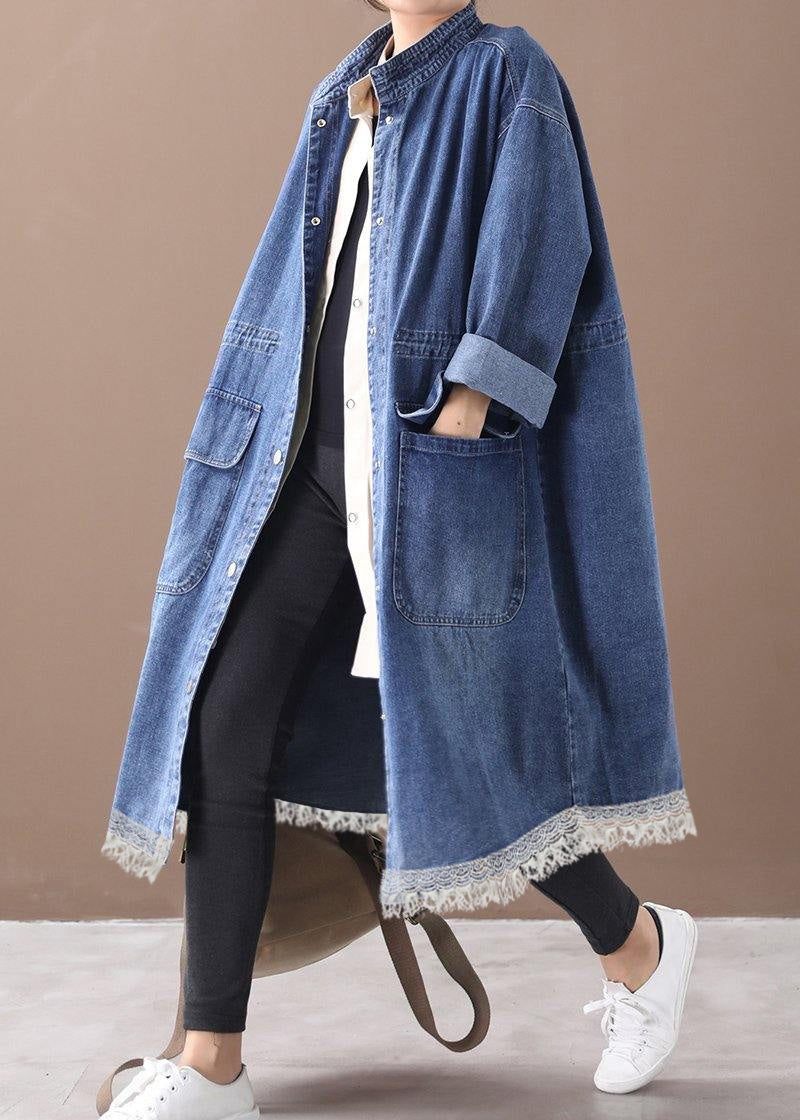 Fransk Denim Blå-solros Plus Size Box Coat Shape Stativ Krage Dragsko - Blå-Solros