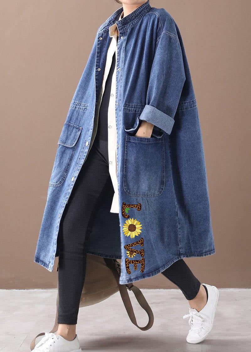 Fransk Denim Blå-solros Plus Size Box Coat Shape Stativ Krage Dragsko - Blå-Solros