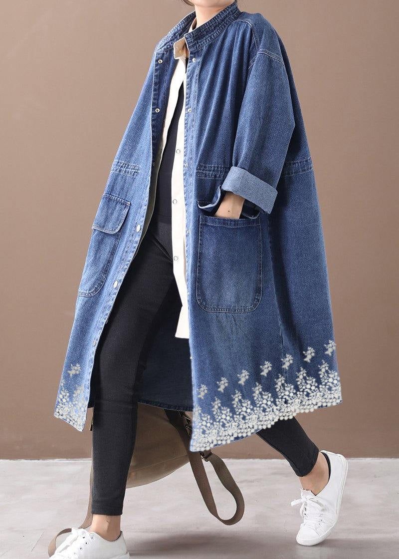 Fransk Denim Blå-solros Plus Size Box Coat Shape Stativ Krage Dragsko - Blå-Solros