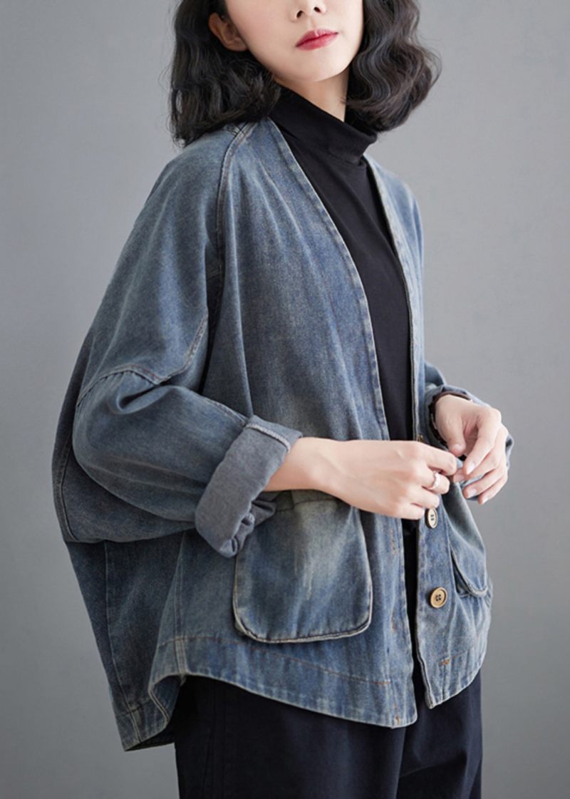 Fransk Denim Blå V-halsfickor Patchwork Coat Spring