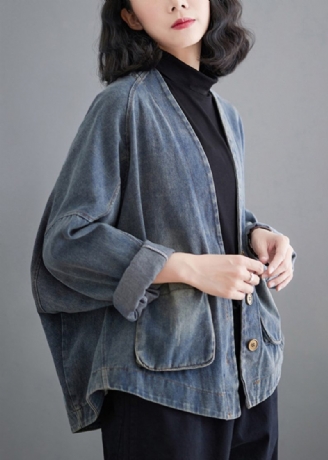 Fransk Denim Blå V-halsfickor Patchwork Coat Spring