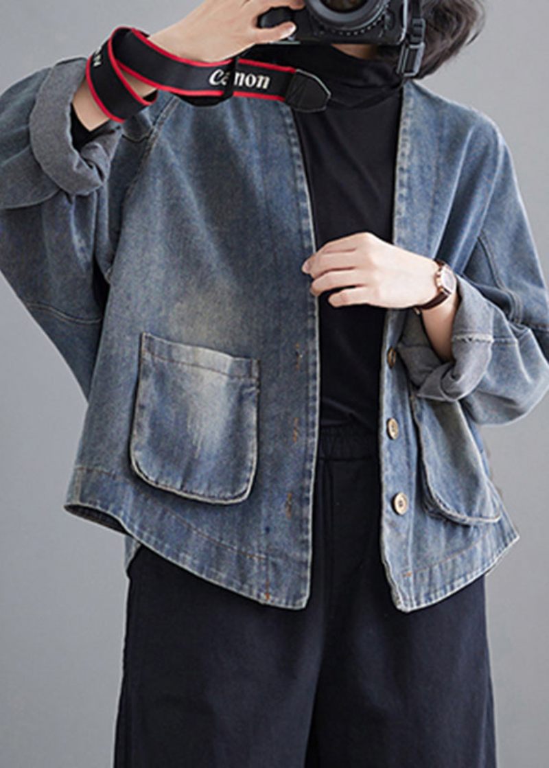 Fransk Denim Blå V-halsfickor Patchwork Coat Spring - Vinterkappor för kvinnor