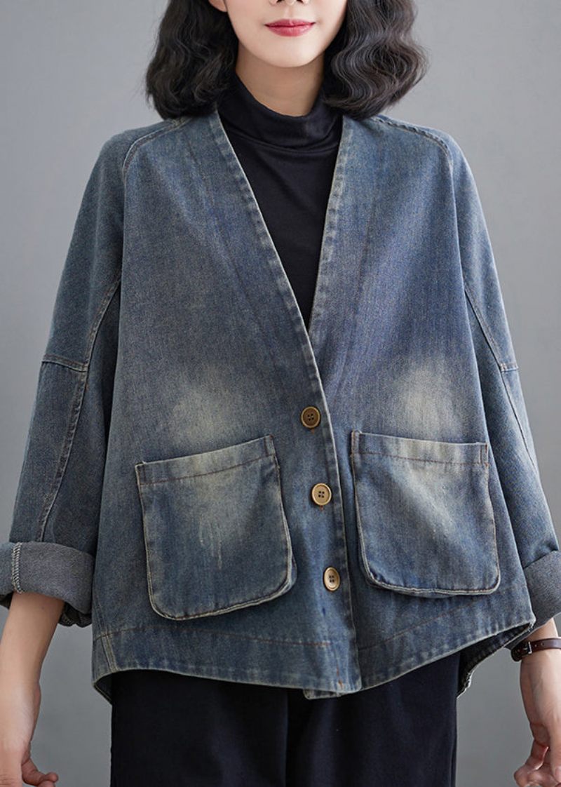 Fransk Denim Blå V-halsfickor Patchwork Coat Spring - Vinterkappor för kvinnor