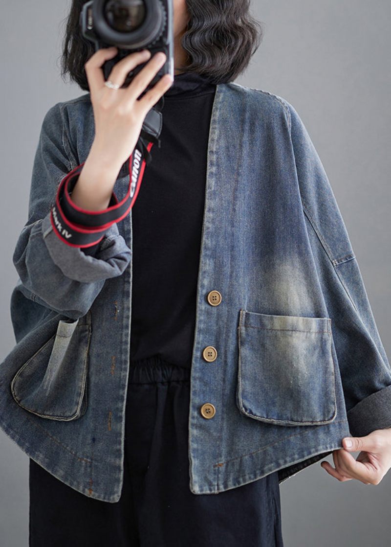 Fransk Denim Blå V-halsfickor Patchwork Coat Spring - Vinterkappor för kvinnor