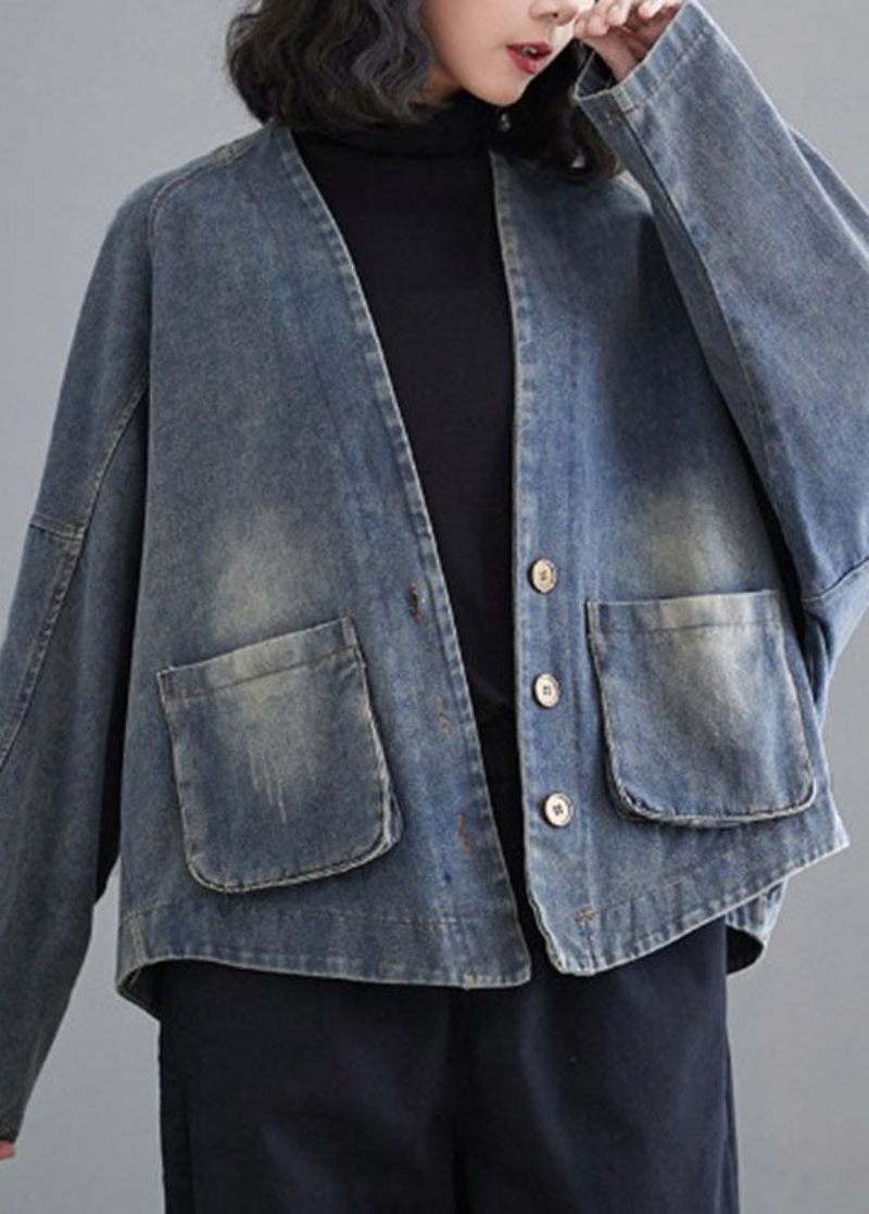 Fransk Denim Blå V-halsfickor Patchwork Coat Spring - Vinterkappor för kvinnor