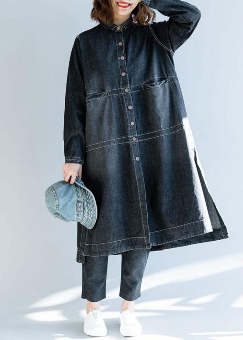 Fransk Denim Svart Mode Långa Kappor Work Outfits Sidan Öppen Höst Damrockar