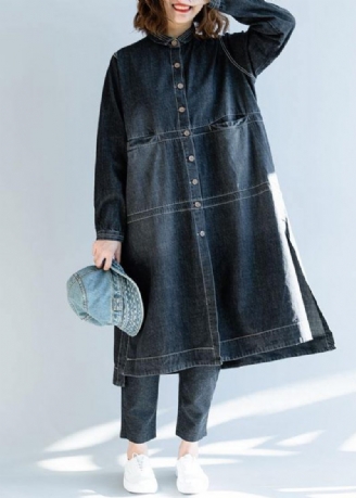 Fransk Denim Svart Mode Långa Kappor Work Outfits Sidan Öppen Höst Damrockar