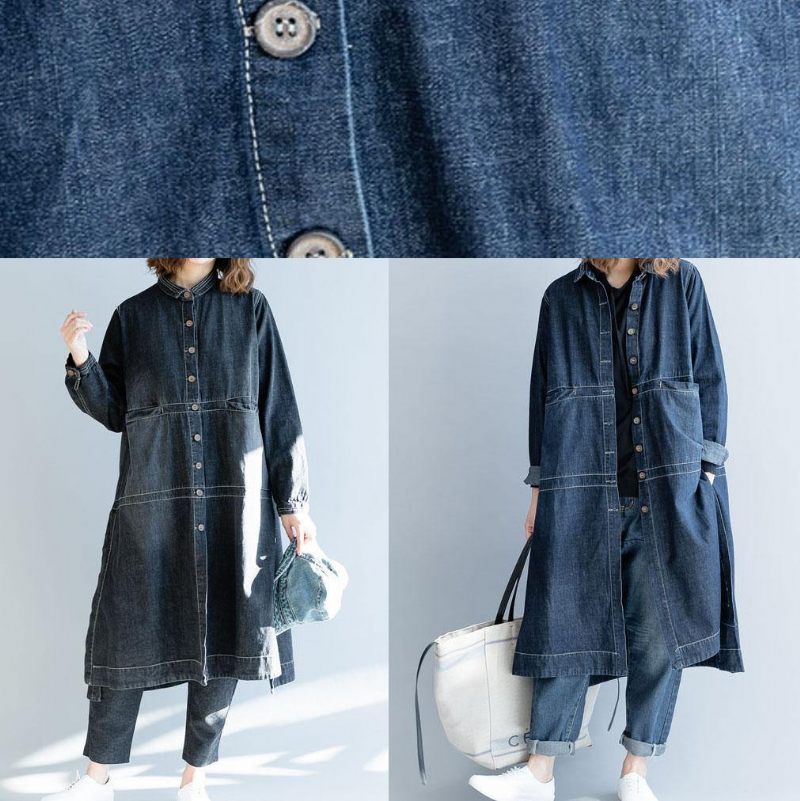 Fransk Denim Svart Mode Långa Kappor Work Outfits Sidan Öppen Höst Damrockar - Jeanssvart