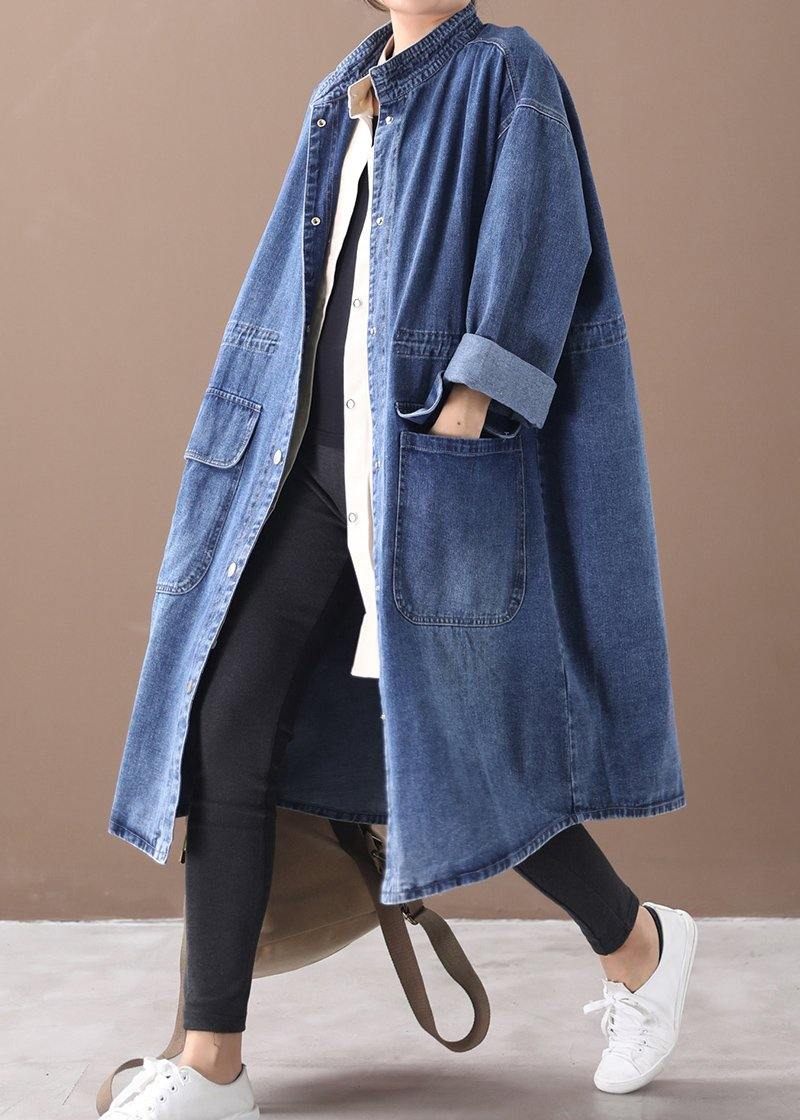 Fransk Denimblå Plus Size Box Coat Shape Stativ Krage Dragsko