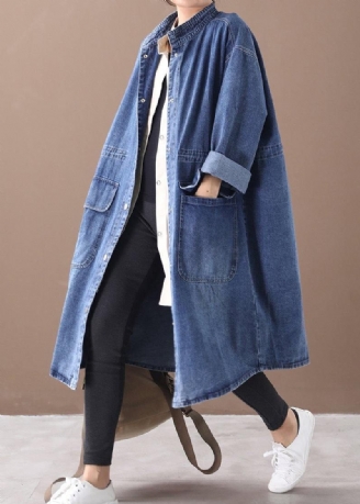 Fransk Denimblå Plus Size Box Coat Shape Stativ Krage Dragsko