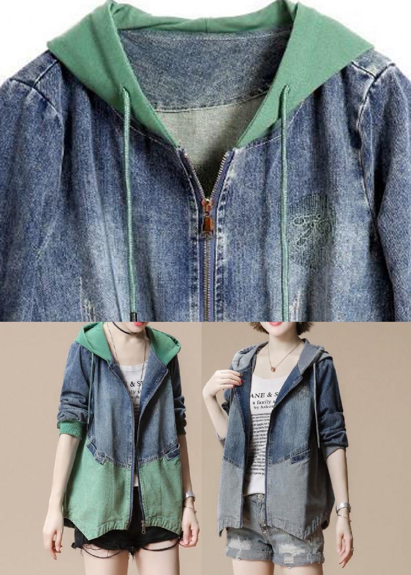 Fransk Grå Dragkedja Patchwork Hoodie Denimrockar Höst - Grå