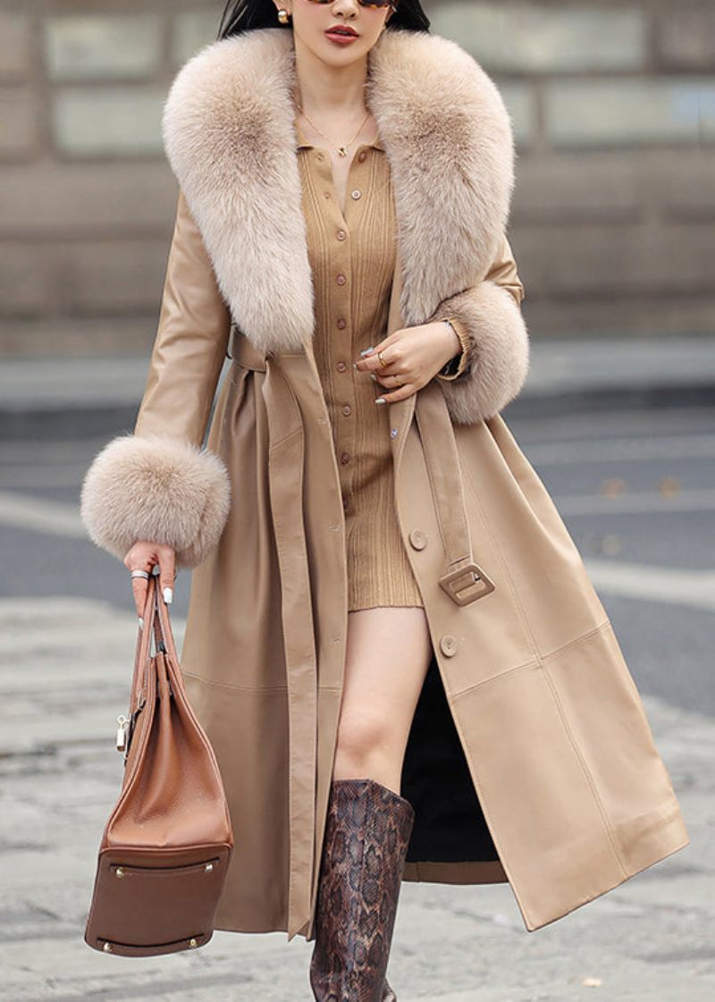 Fransk Khaki Fox Krage Tie Midja Faux Leather Coat Långärmad