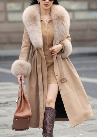 Fransk Khaki Fox Krage Tie Midja Faux Leather Coat Långärmad