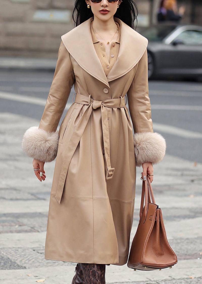 Fransk Khaki Fox Krage Tie Midja Faux Leather Coat Långärmad - Vinterkappor för kvinnor