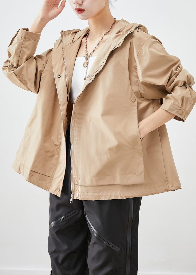 Fransk Khaki Hooded Oversized Cotton Coat Outwear Fall