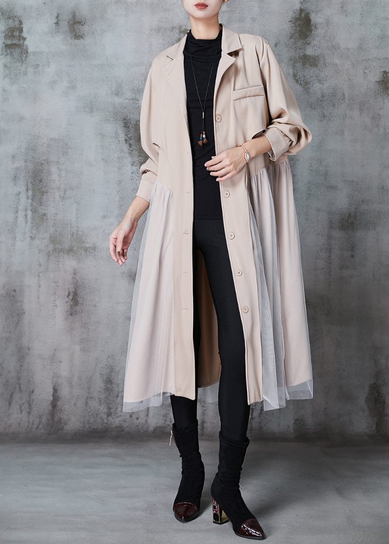 Fransk Khaki Naggad Krage Patchwork Tyll Cotton Trench Dress Spring - Trenchcoats för kvinnor