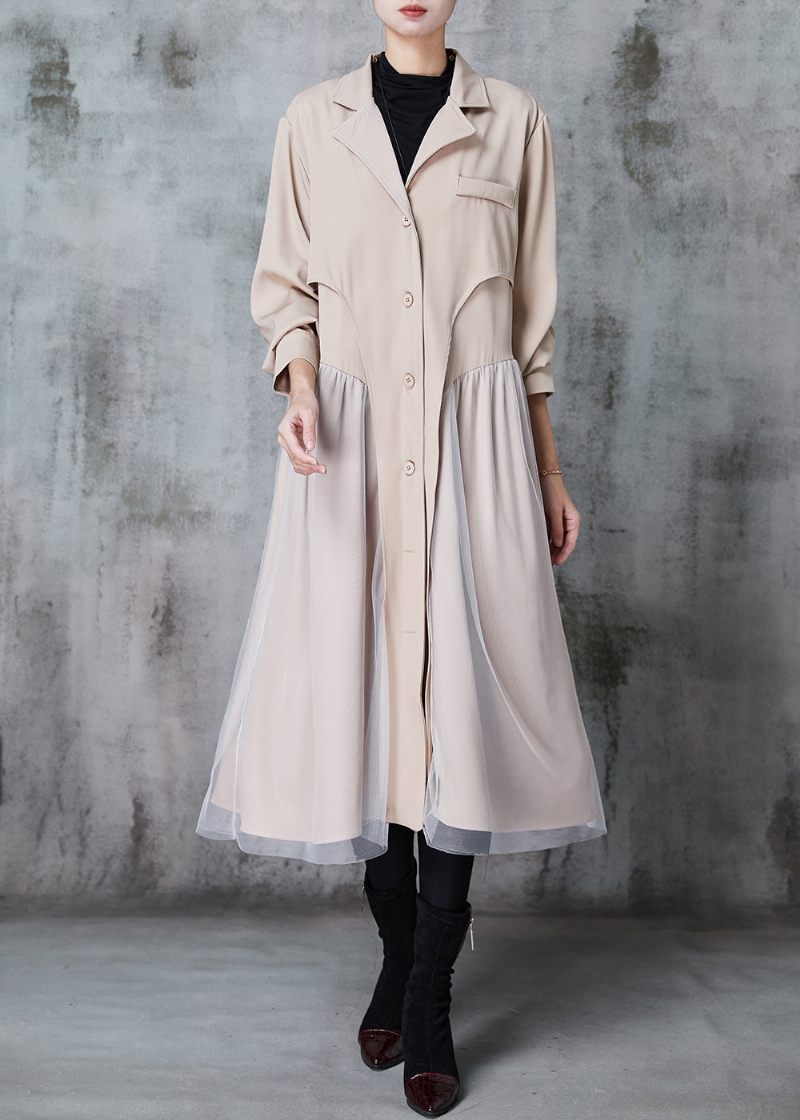 Fransk Khaki Naggad Krage Patchwork Tyll Cotton Trench Dress Spring - Trenchcoats för kvinnor