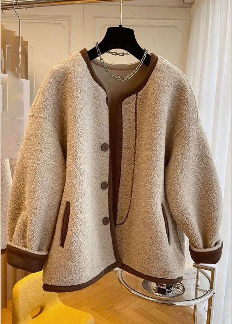 Fransk Khaki O-neck Patchwork Button Faux Fur Coats Vinter