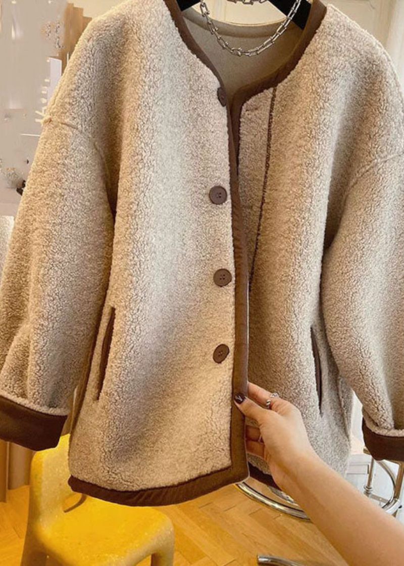 Fransk Khaki O-neck Patchwork Button Faux Fur Coats Vinter - Vinterkappor för kvinnor