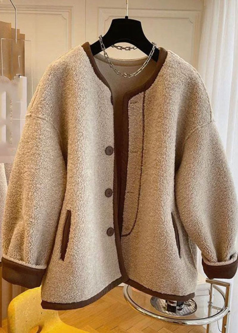 Fransk Khaki O-neck Patchwork Button Faux Fur Coats Vinter - Vinterkappor för kvinnor