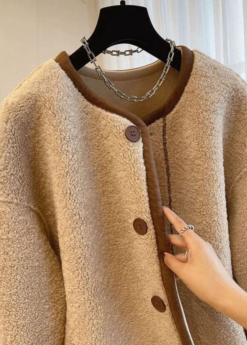 Fransk Khaki O-neck Patchwork Button Faux Fur Coats Vinter - Vinterkappor för kvinnor