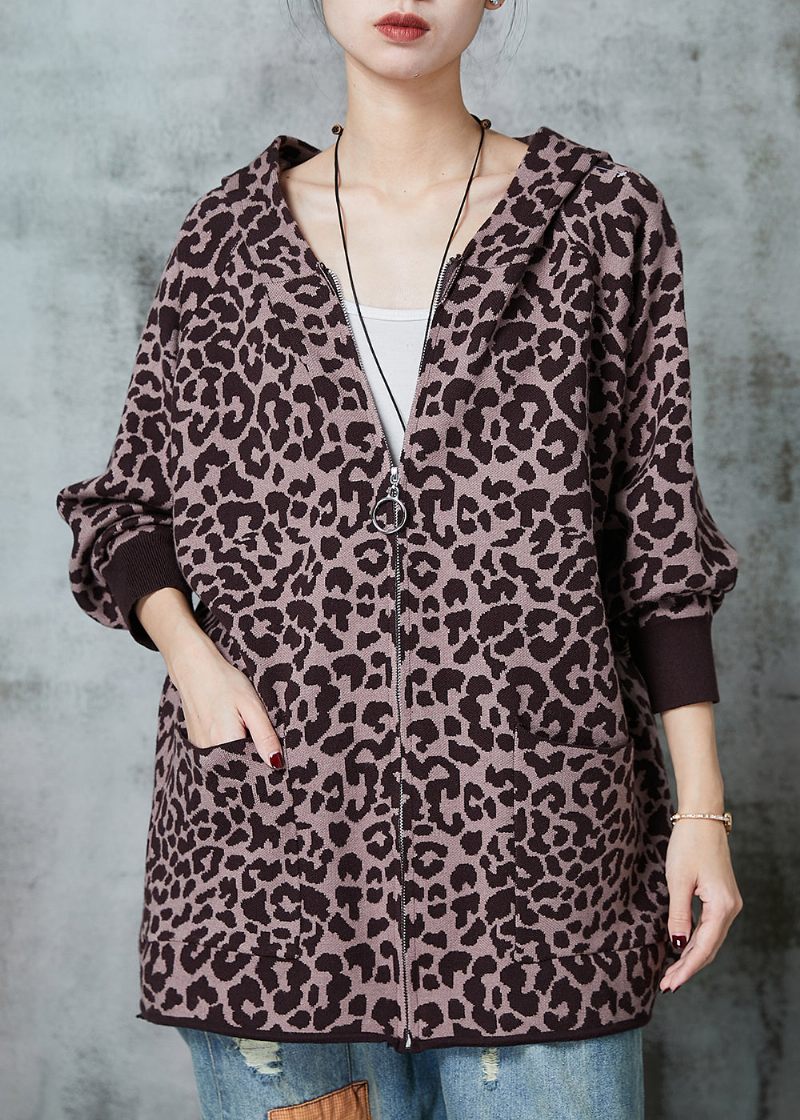 Fransk Khaki Oversized Leopard Print Stickad Cardigan Spring - Koftor för kvinnor