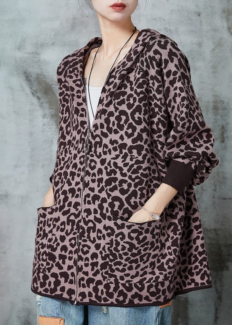 Fransk Khaki Oversized Leopard Print Stickad Cardigan Spring - Koftor för kvinnor