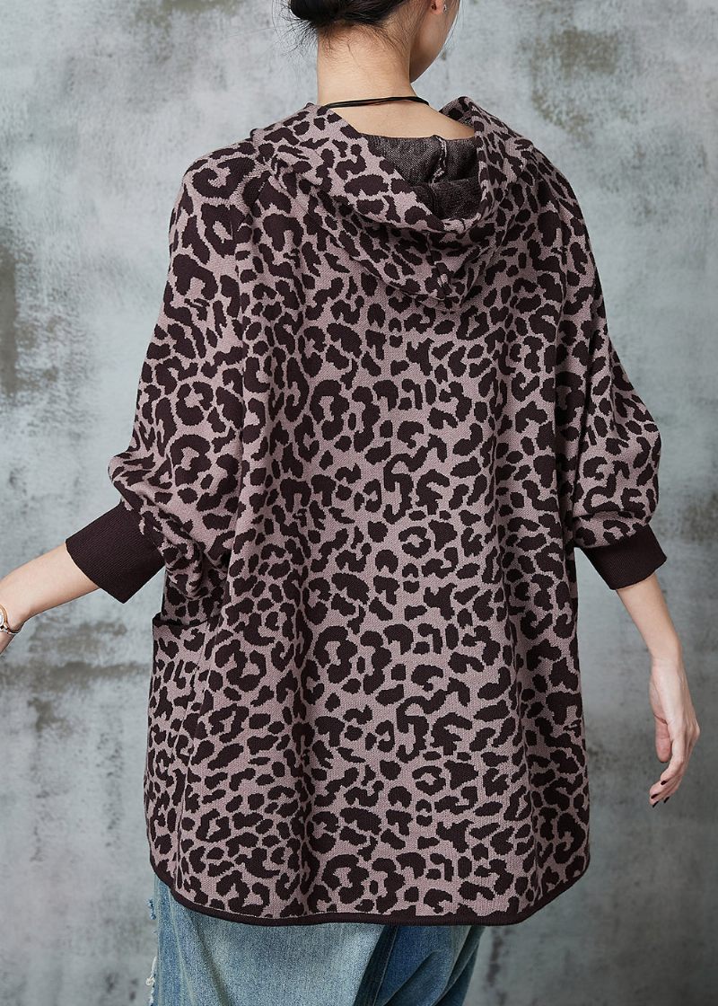 Fransk Khaki Oversized Leopard Print Stickad Cardigan Spring - Koftor för kvinnor