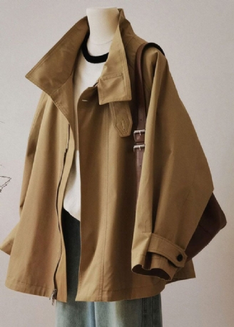 Fransk Khaki Peter Pan Krage Dragkedja Patchwork Trench Coats Långärmad