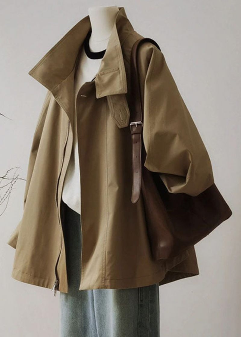 Fransk Khaki Peter Pan Krage Dragkedja Patchwork Trench Coats Långärmad - Trenchcoats för kvinnor