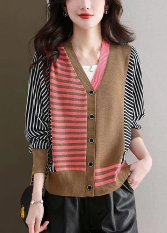 Fransk Khaki V-hals Mysig Tunn Stickad Cardigan Fall