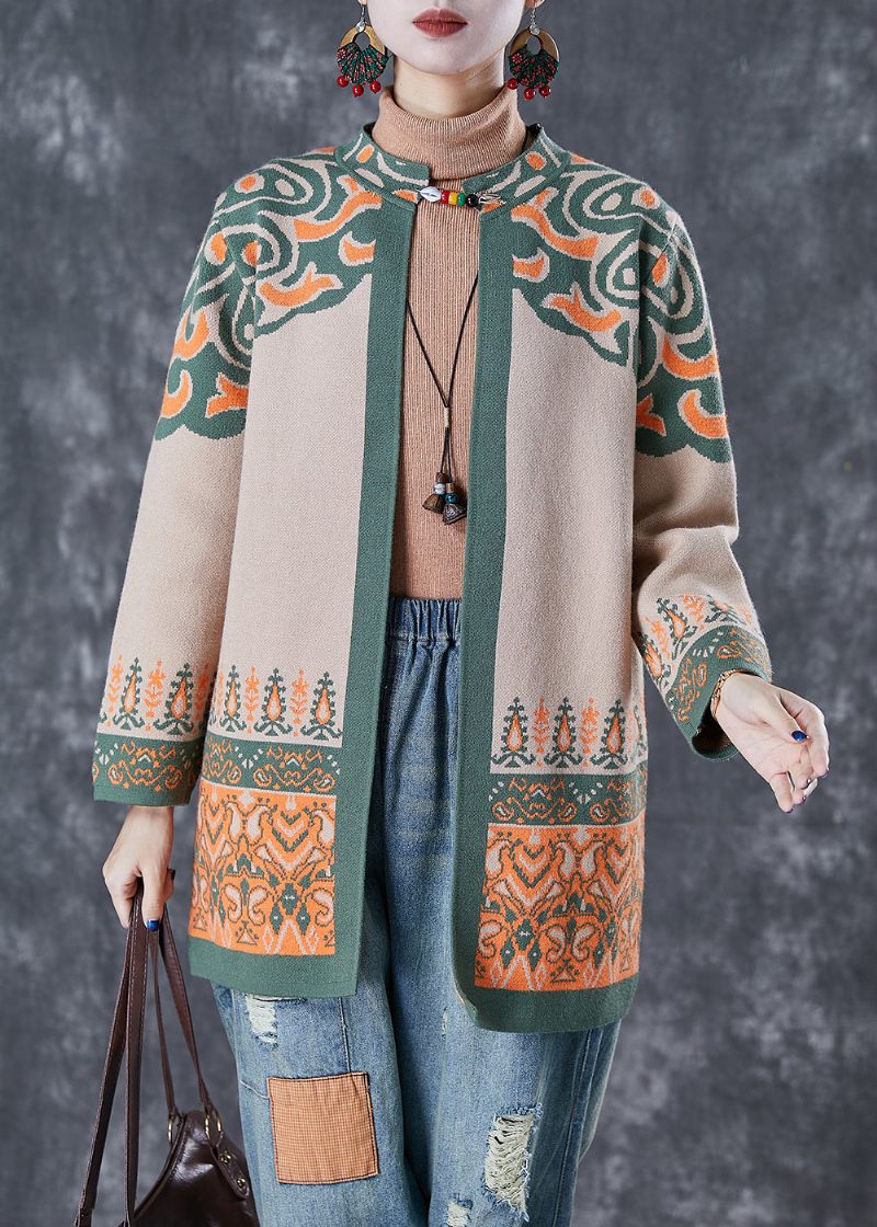 Fransk Light Camel Oversized Print Bomull Cardigan Fall