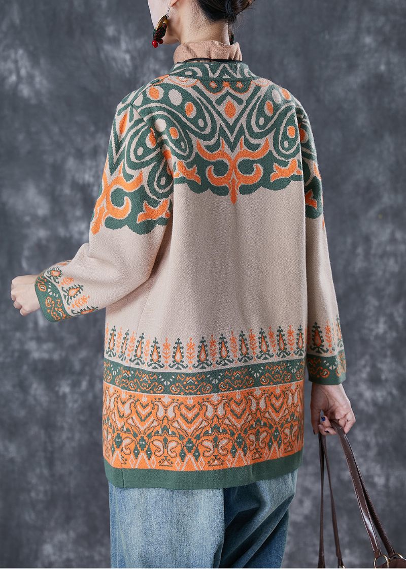 Fransk Light Camel Oversized Print Bomull Cardigan Fall - Koftor för kvinnor