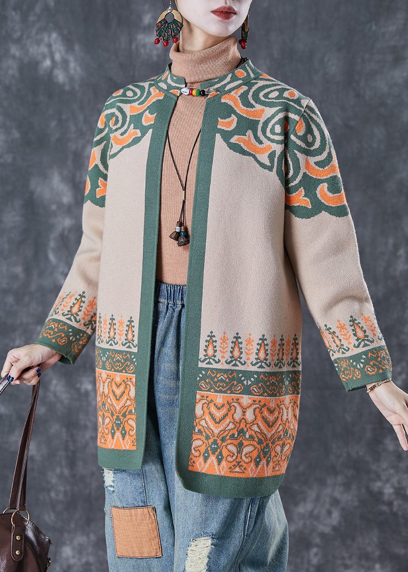 Fransk Light Camel Oversized Print Bomull Cardigan Fall - Koftor för kvinnor