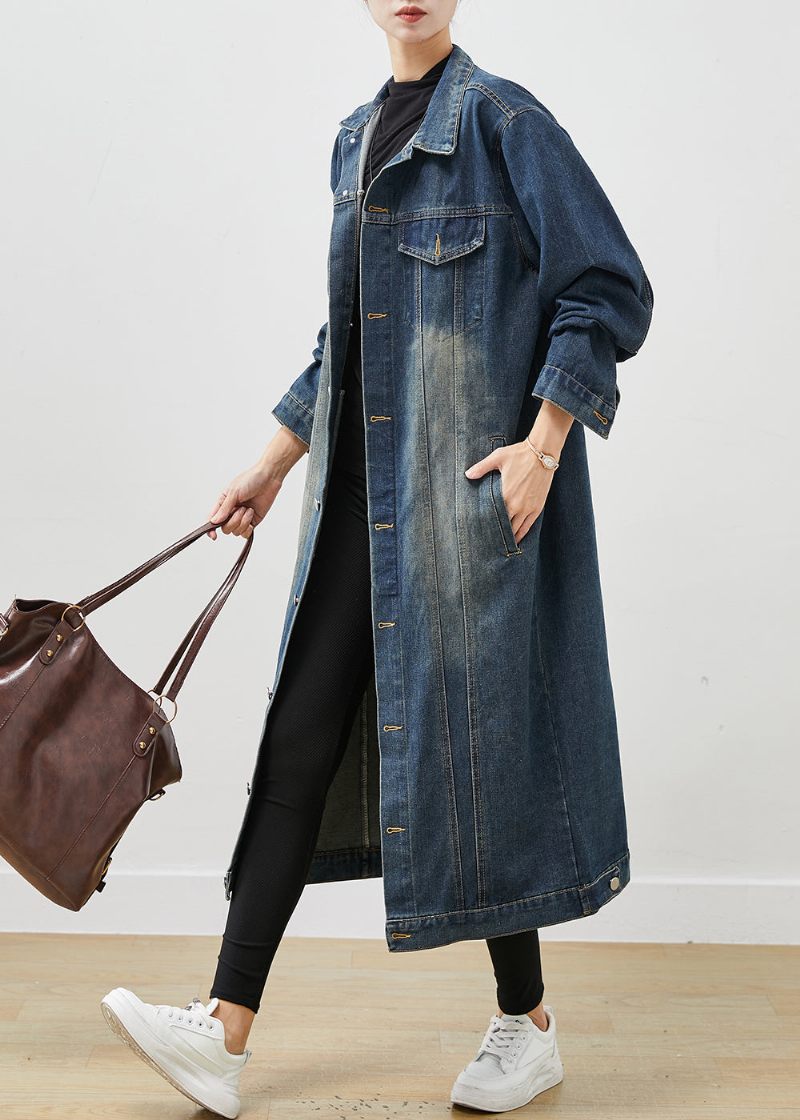 Fransk Marinblå Överdimensionerad Button Down Denim Trench Spring