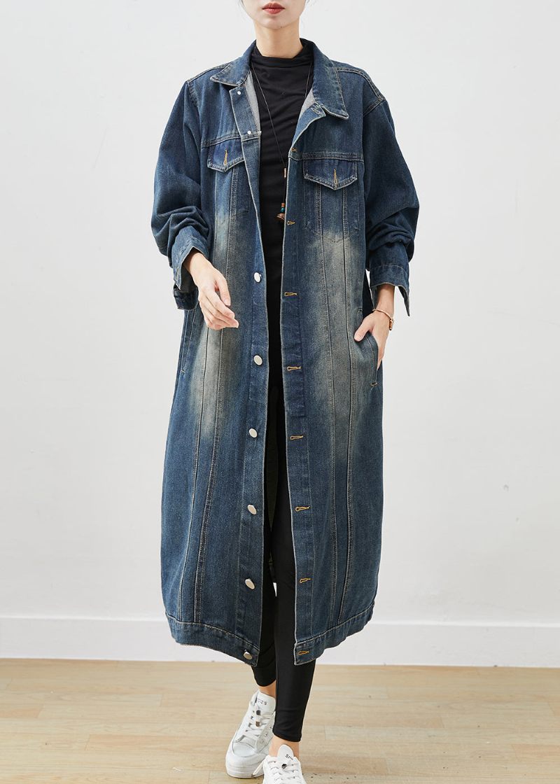 Fransk Marinblå Överdimensionerad Button Down Denim Trench Spring - Vinterkappor för kvinnor